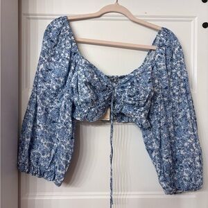 Elan Blue Floral Smocked Blouse